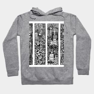 Forest Life Theme of Four Illustrative panels is a Composition of trees, leaves, vines, tribal people Hoodie